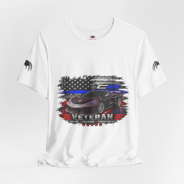 Black Veteran Corvette C8 Tee with Black Widow Performance graphic on black cotton shirt