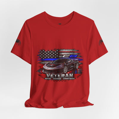 Black Veteran Corvette C8 Tee with Black Widow Performance Graphic on soft breathable cotton