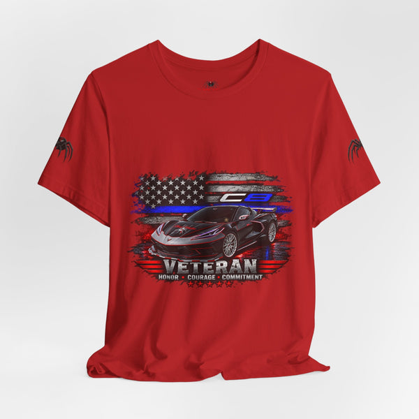 Black Veteran Corvette C8 Tee with Black Widow Performance Graphic on soft breathable cotton