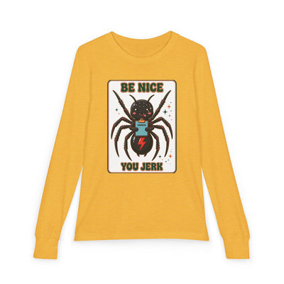 Youth Long Sleeve Tee — 'Be Nice You Jerk' Spider Graphic Front & Black Widow Performance Car Back