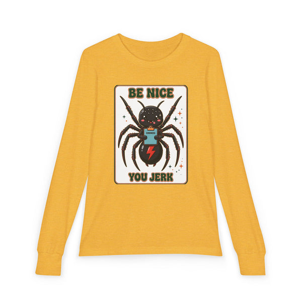 Youth Long Sleeve Tee — 'Be Nice You Jerk' Spider Graphic Front & Black Widow Performance Car Back