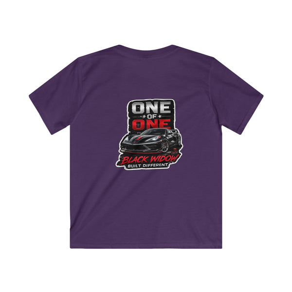 Kids C8 Corvette black tee with sports car design on soft cotton fabric