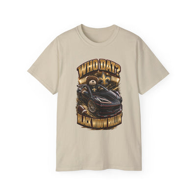 Who Dat? Black Widow heavyweight racing graphic tee with vintage feel and black widow emblem on back