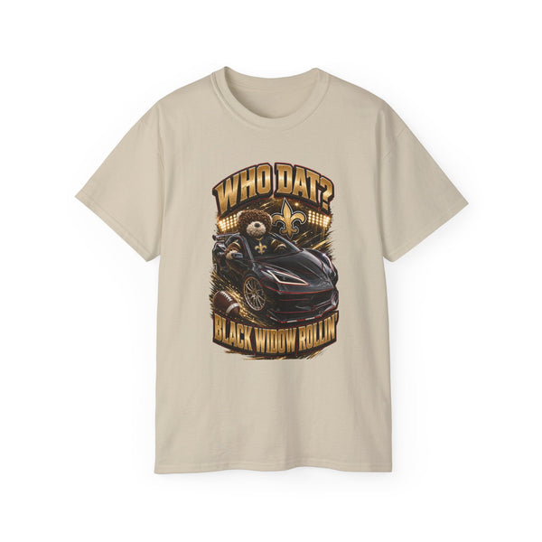 Who Dat? Black Widow heavyweight racing graphic tee with vintage feel and black widow emblem on back