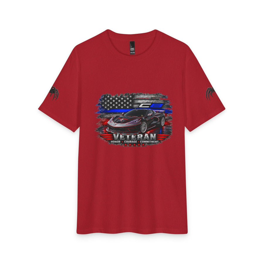Black Widow Corvette silhouette with American flag on black patriotic veteran tee-shirt