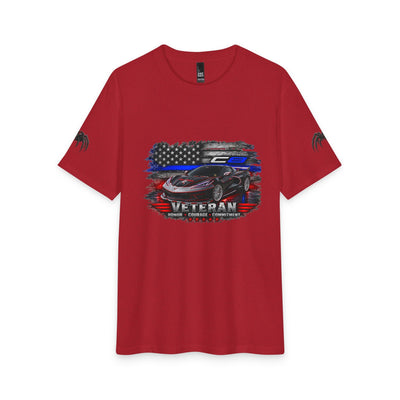 Black Widow Corvette silhouette with American flag on black patriotic veteran tee-shirt