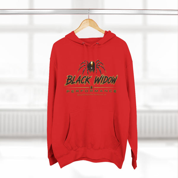 Black Widow Performance Hoodie with spider logo, kangaroo pocket, and adjustable hood in black fleece for motorsport fans