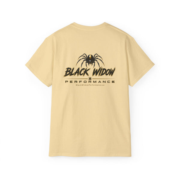 Black heavyweight Who Dat? Black Widow racing graphic tee with vintage feel and bold chest print