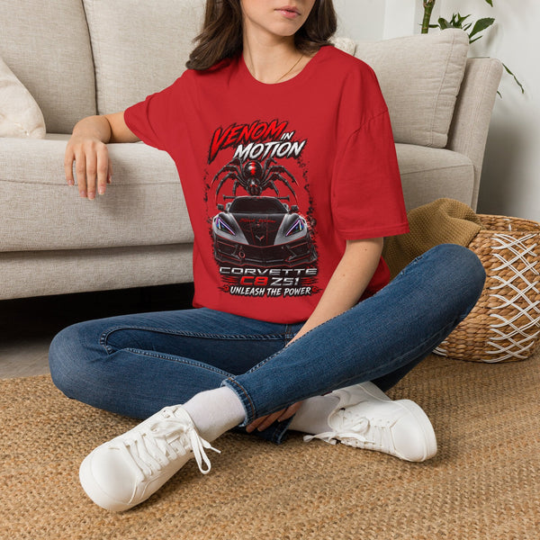 Black Widow Performance Venom in Motion Corvette tee with racing spider graphic on black cotton shirt