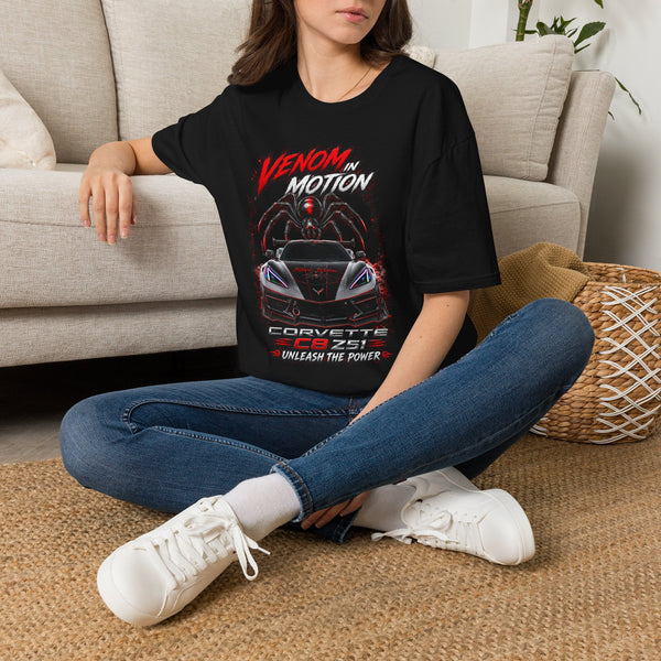 Black Widow Performance Venom in Motion Corvette tee with racing spider graphic on black crewneck