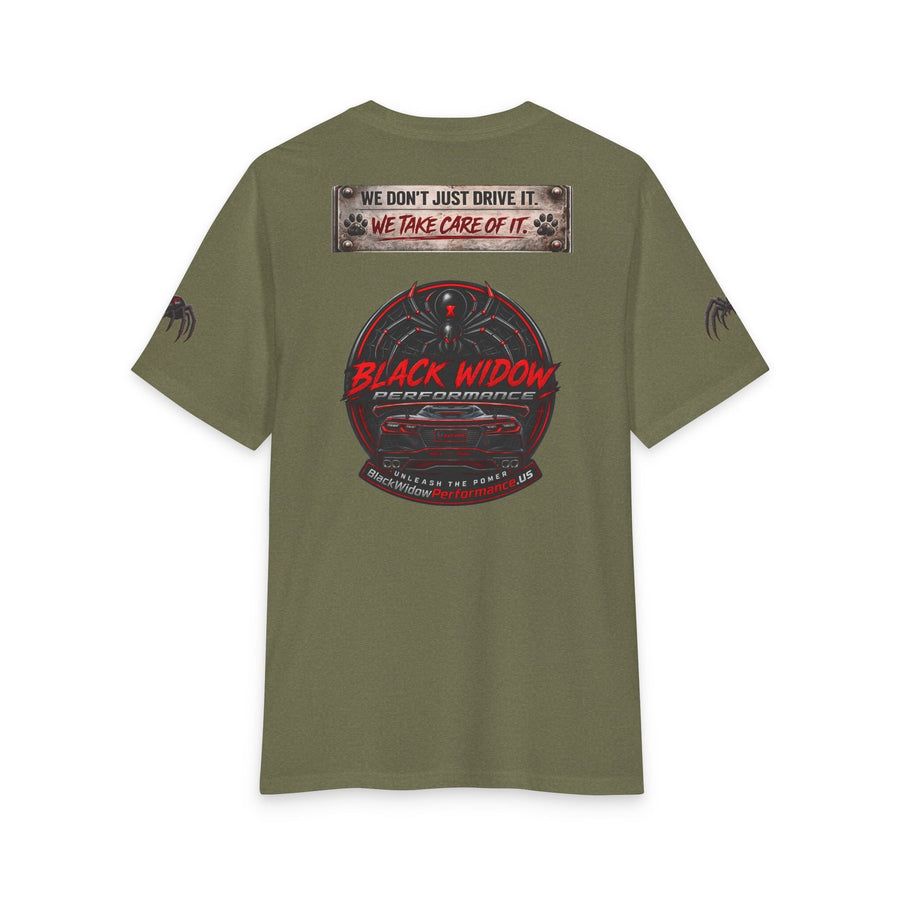 Black Widow Corvette Tee with American flag silhouette on black fabric