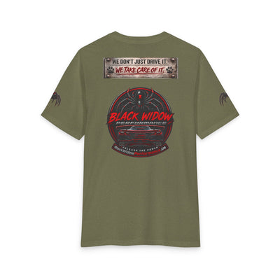Black Widow Corvette Tee with American flag silhouette on black fabric