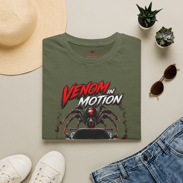 Black Widow Performance Venom in Motion Corvette tee with racing spider graphic on black crewneck shirt