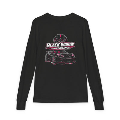 Youth Long Sleeve Tee — 'Be Nice You Jerk' Spider Graphic Front & Black Widow Performance Car Back
