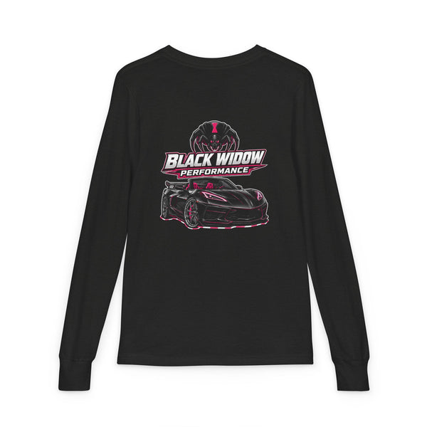 Youth Long Sleeve Tee — 'Be Nice You Jerk' Spider Graphic Front & Black Widow Performance Car Back