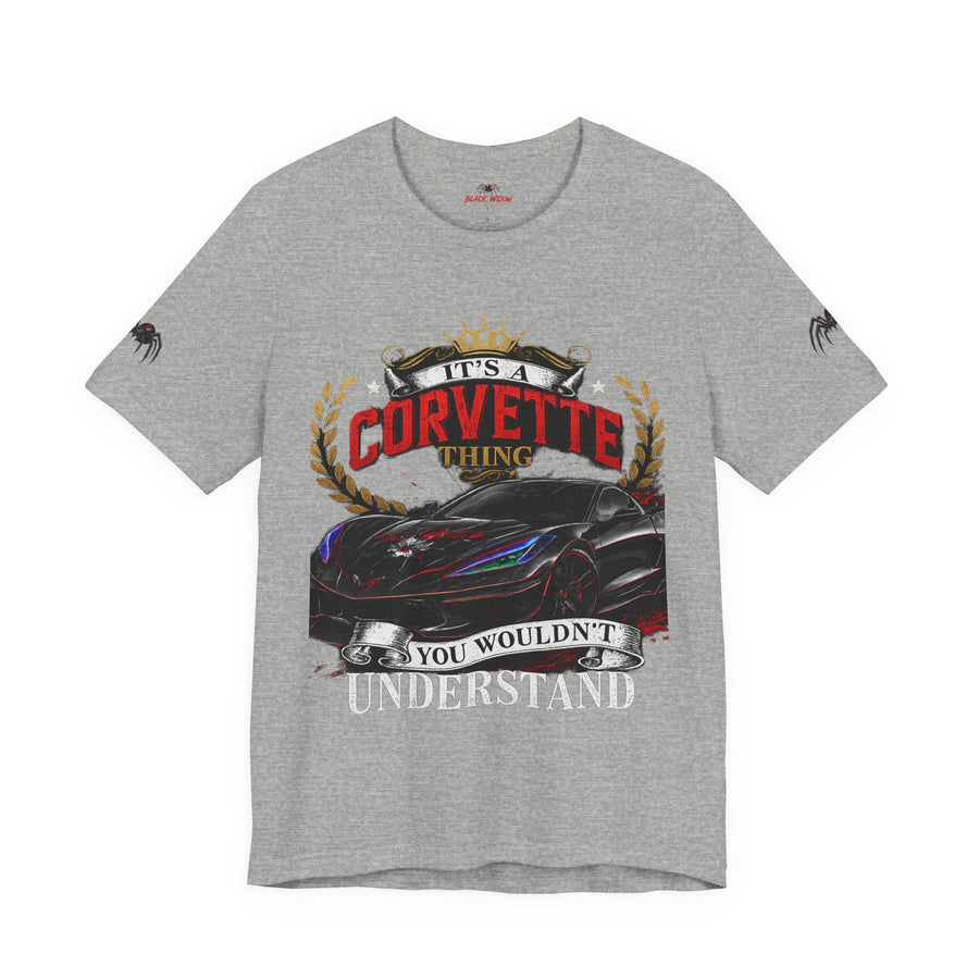 Black Widow Corvette C8 Tee with snarling Corvette graphic and molten orange accents on lightweight black crew shirt