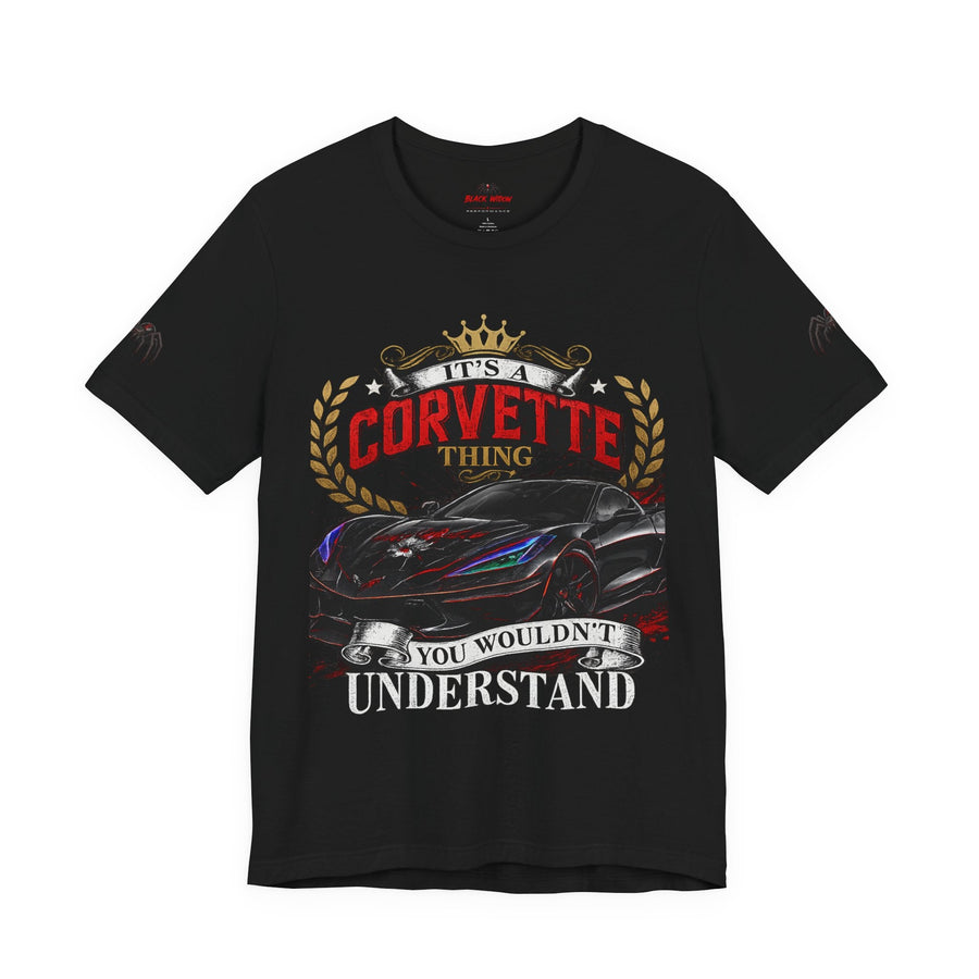 Black Widow Corvette C8 Tee with snarling Corvette graphic and molten orange accents on lightweight black cotton shirt