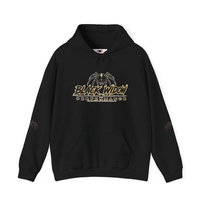 Black Widow Performance Hoodie with racing graphic and spider accents on sleeves