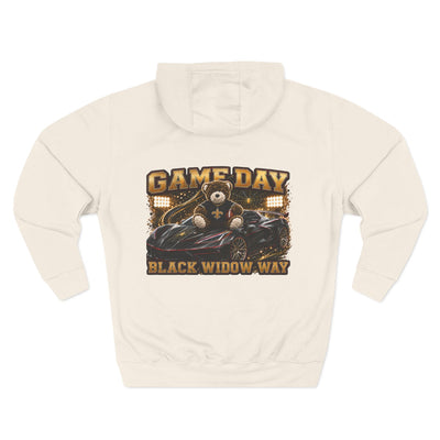 Black Widow Performance Hoodie medium-heavy fleece with spider logo and bold Game Day racing graphics