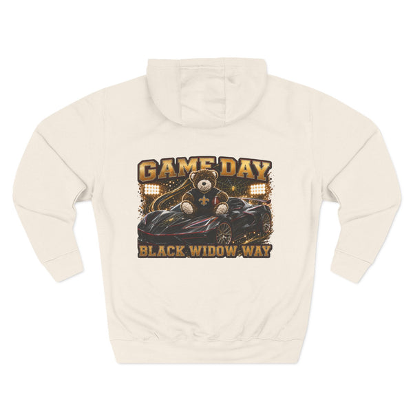 Black Widow Performance Hoodie medium-heavy fleece with spider logo and bold Game Day racing graphics