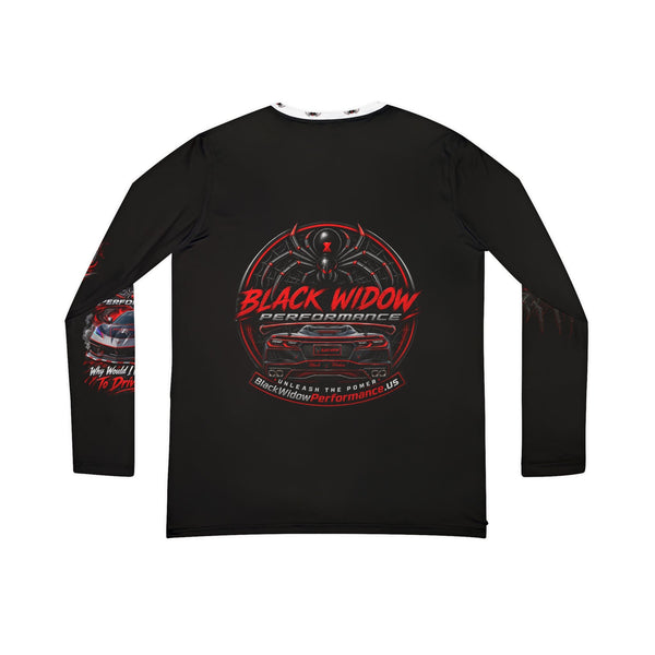 Black Widow V-neck long sleeve shirt with racing car graphic and bold One of One badge