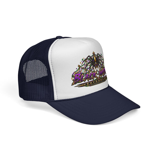 Black Widow Performance Trucker Hat — Retro Skull & Arachnid Mesh Cap