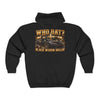 Black Widow full-zip hoodie in Saints colors with bold graphic and adjustable hood