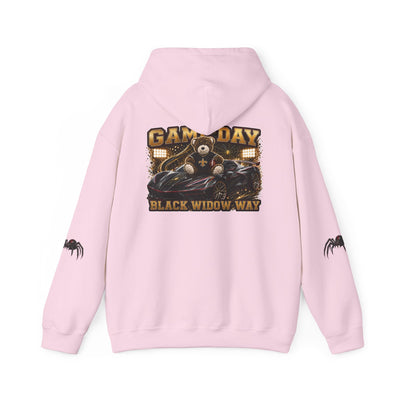Black Widow Performance Hoodie with racing graphic and bold black widow logo on chest