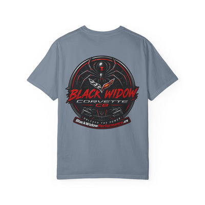 Black Widow Corvette C8 Dad T-shirt with sleek car silhouette design on soft garment-dyed cotton