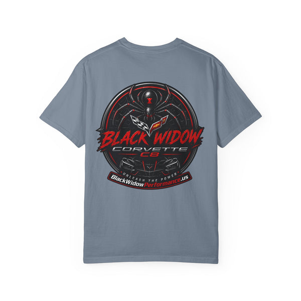 Black Widow Corvette C8 Dad T-shirt with sleek car silhouette design on soft garment-dyed cotton