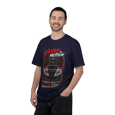 Venom in Motion Corvette C8 T-Shirt with black widow and coiled spider graphic on black heavyweight cotton tee