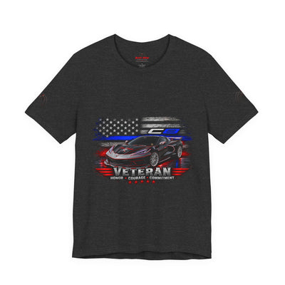 Black Veteran Corvette C8 Tee with Black Widow Performance graphic on black lightweight cotton shirt