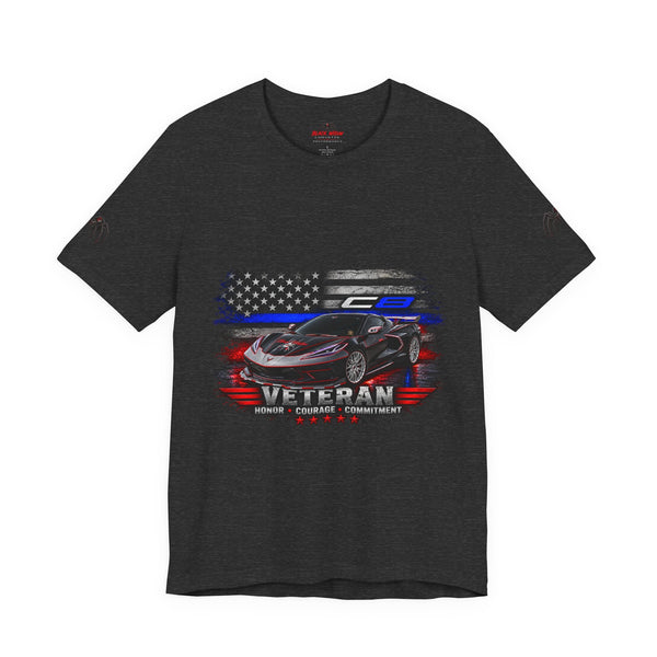 Black Veteran Corvette C8 Tee with Black Widow Performance graphic on black lightweight cotton shirt