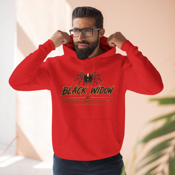 Black Widow Performance Hoodie with spider logo and Game Day Racing graphics, medium-heavy fleece pullover with adjustable hood and kangaroo pocket