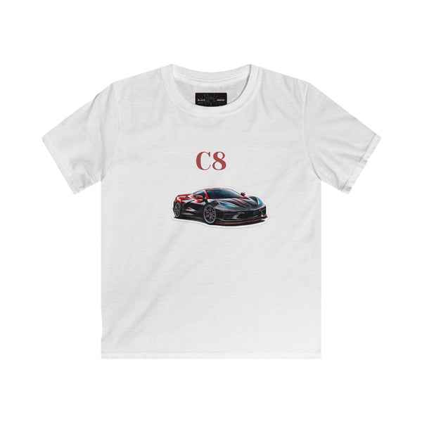 Kids black C8 Corvette One of One Black Widow tee with sports car design