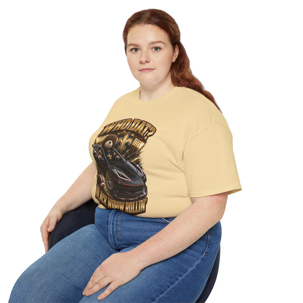 Black heavyweight Who Dat? Black Widow racing graphic tee with vintage feel and bold front print
