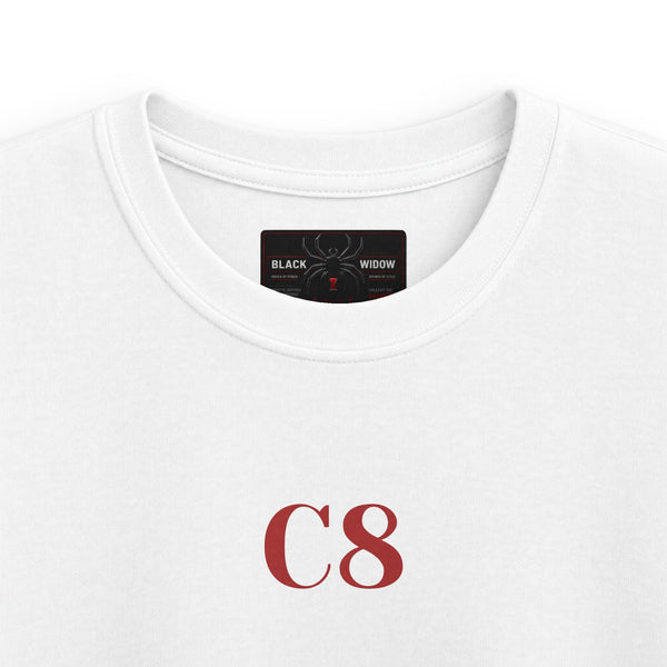 Kids C8 Corvette black kids tee with sports car graphic and lightweight cotton fabric