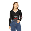 Black Widow black long-sleeve V-neck top with One of One car graphic and racing design