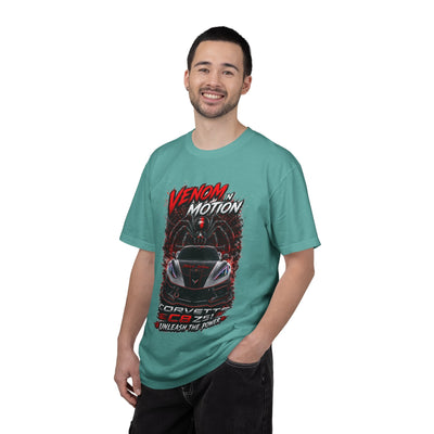 Venom in Motion Corvette C8 T-Shirt with black widow spider graphic and relaxed fit