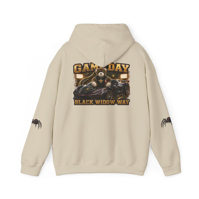 Black Widow Performance Hoodie with racing graphic and spider accents on sleeves