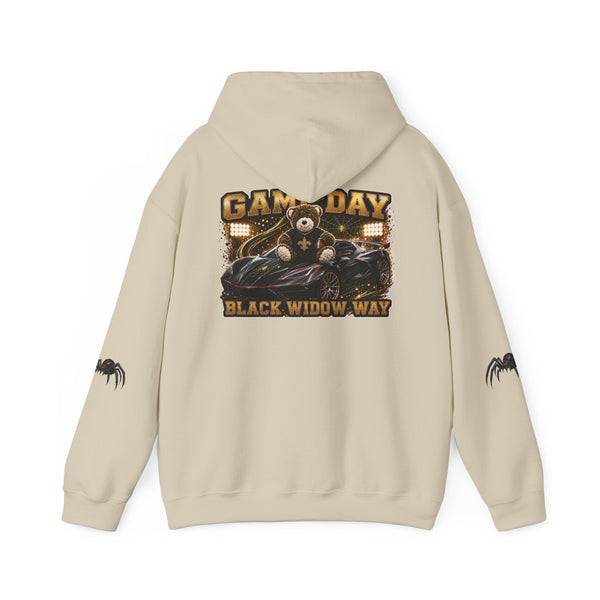 Black Widow Performance Hoodie with racing graphic and spider accents on sleeves