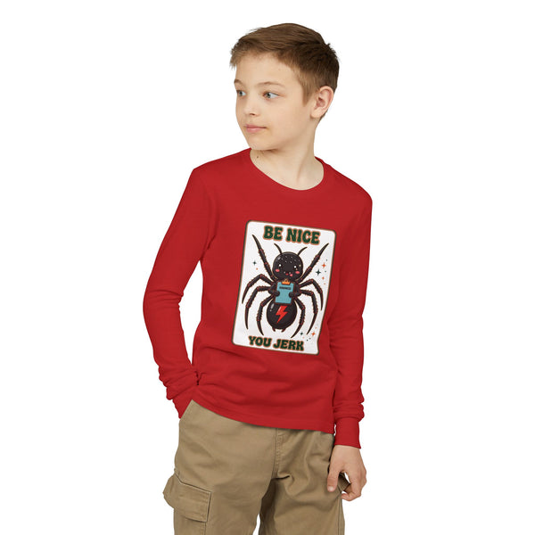 Youth Long Sleeve Tee — 'Be Nice You Jerk' Spider Graphic Front & Black Widow Performance Car Back