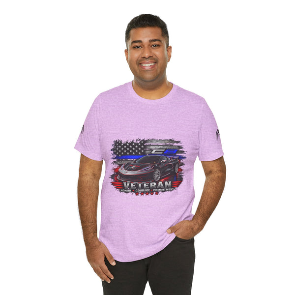 Black Veteran Corvette C8 Tee with Black Widow Performance graphic on black cotton shirt