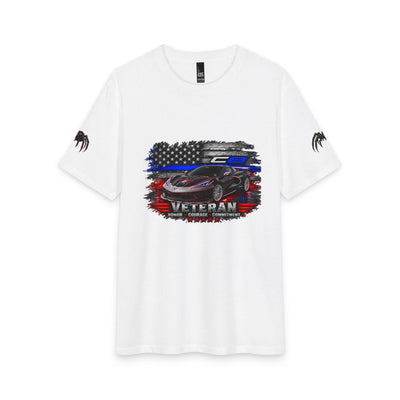 Black Widow Corvette Tee with American flag silhouette on black fabric