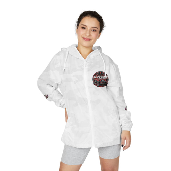 Black Widow Mardi Gras black lightweight windbreaker with "March Goes Insanity" graphic and water-resistant shell