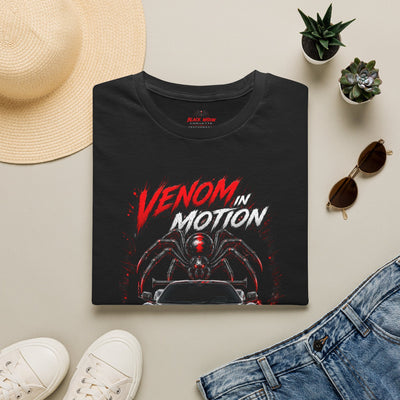Black Widow Performance Venom in Motion Corvette tee with racing spider graphic on black crewneck shirt