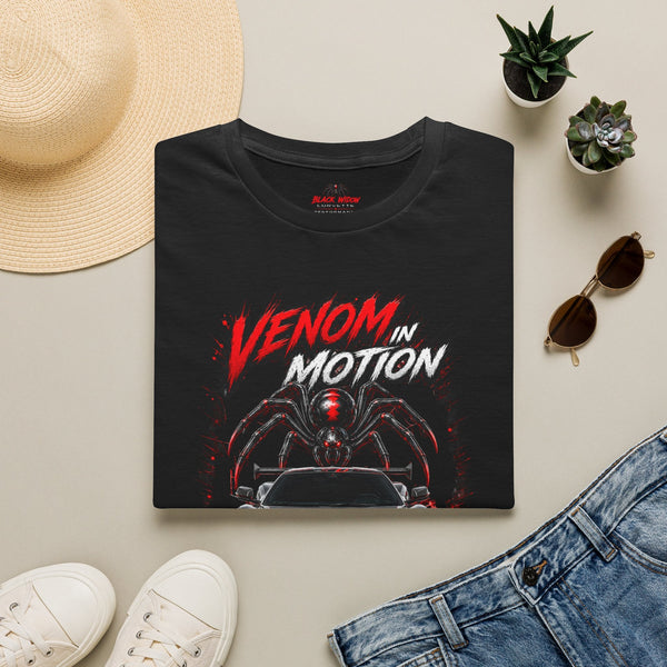 Black Widow Performance Venom in Motion Corvette tee with racing spider graphic on black crewneck shirt