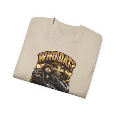 Black heavyweight Who Dat? racing graphic tee with black widow emblem and vintage feel
