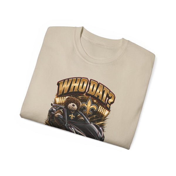 Black heavyweight Who Dat? racing graphic tee with black widow emblem and vintage feel