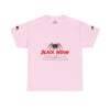 Black Widow Corvette performance graphic tee with vintage racing design and detailed size guide table